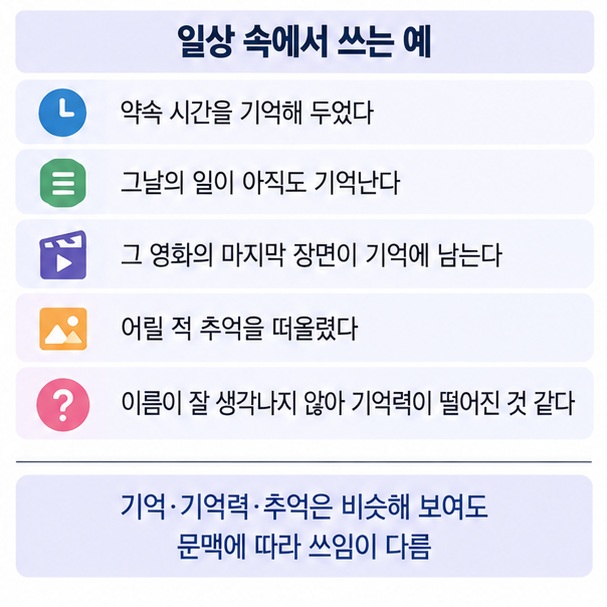 기억하다 기억나다 기억에 남다 추억 기억력의 실제 문장 사용법을 보여주는 국어 표현 인포그래픽