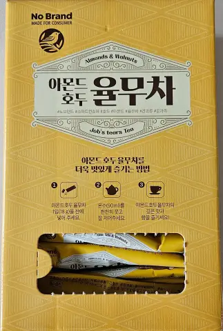 노브랜드 아몬드 호두 율무차 30개입 스틱형 제품 패키지 겉면 및 음용 방법 안내 사진