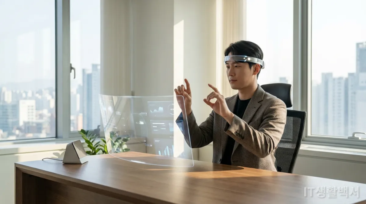 차세대 입력 장치를 사용하는 한국인 사무직 직원