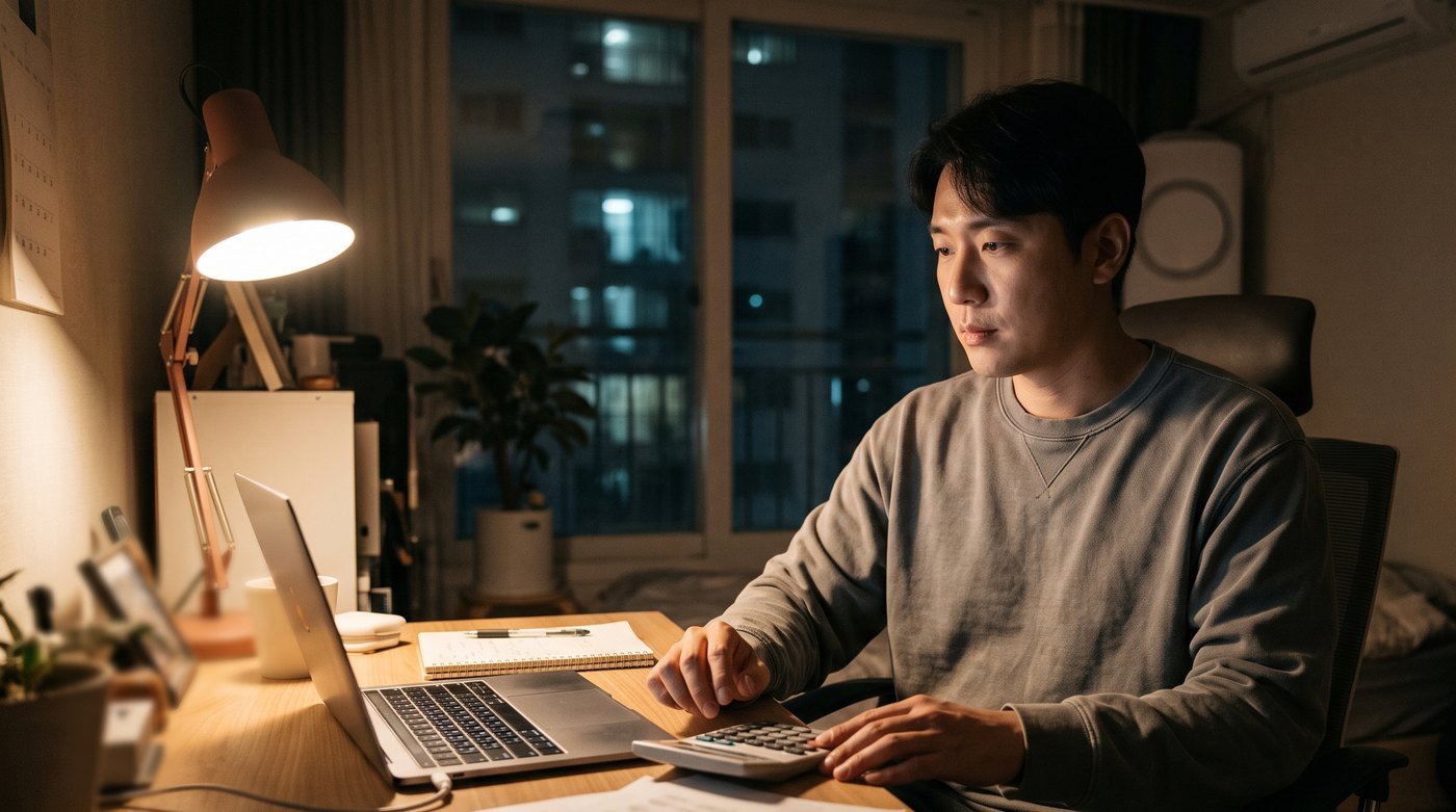 늦은 밤 집 책상에서 노트북과 계산기로 부업 소득을 확인하는 직장인