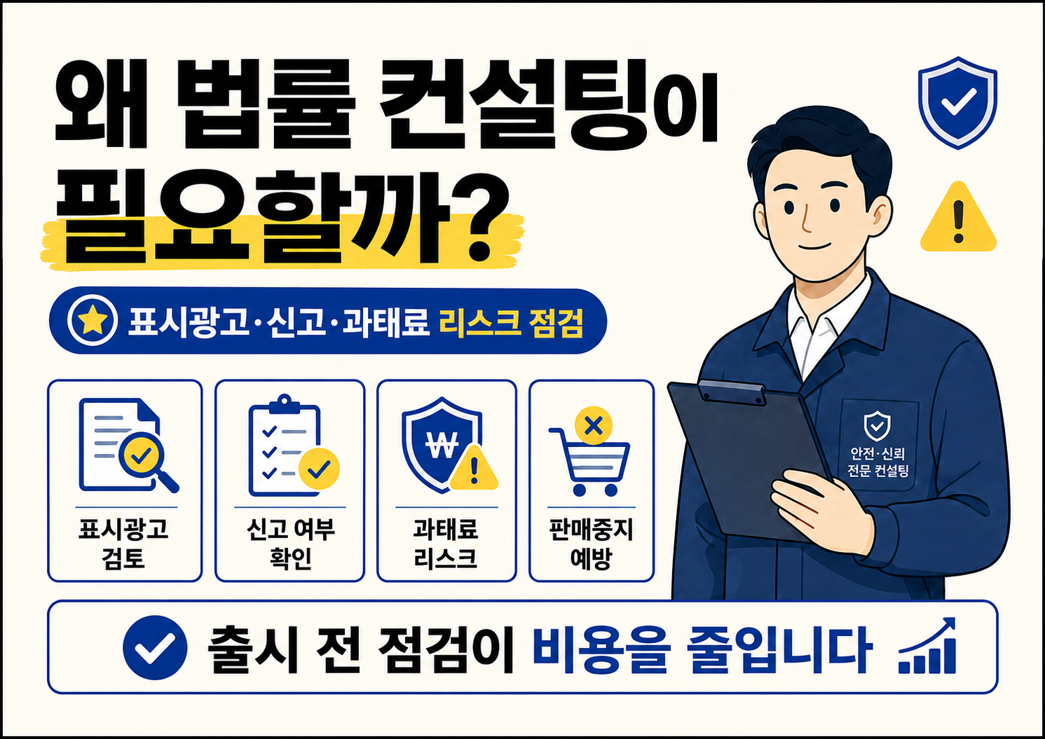 생활화학제품 판매 전 표시광고, 신고 여부, 과태료, 판매중지 리스크를 점검해야 하는 이유를 설명하는 인포그래픽 이미지