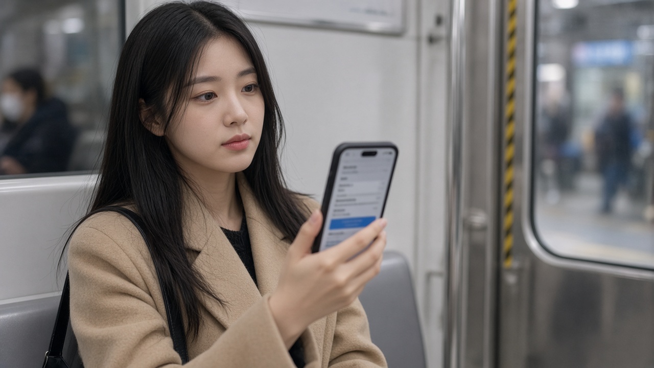 출근길 지하철에서 스마트폰 증권 앱으로 공모주 청약 화면을 확인하는 한국인 20대 여성