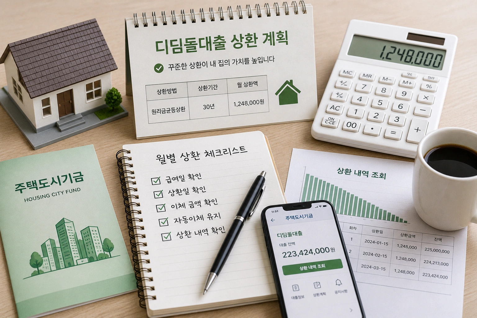 디딤돌대출을 활용한 내 집 마련 계획과 자금 관리&amp;#44; 상환 준비를 나타내는 주택 모형과 금융 서류 이미지