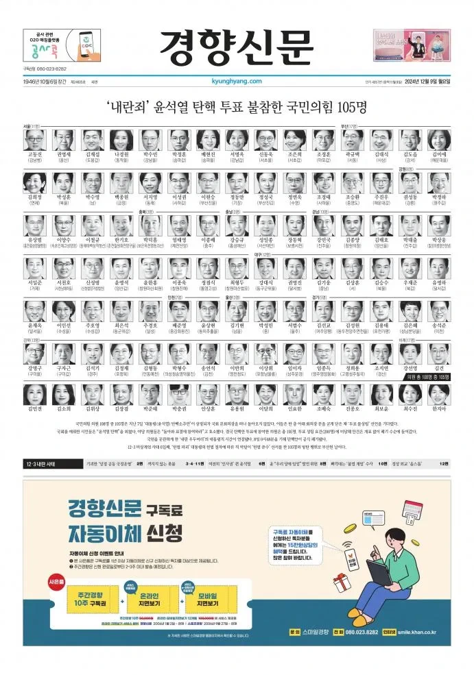 내란죄 대통령 탄핵 불참한 국민의 힘 105인