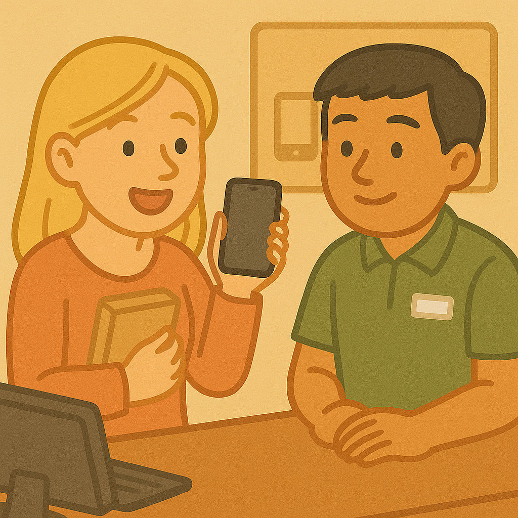 외국인이 휴대폰을 개통하고 있다.