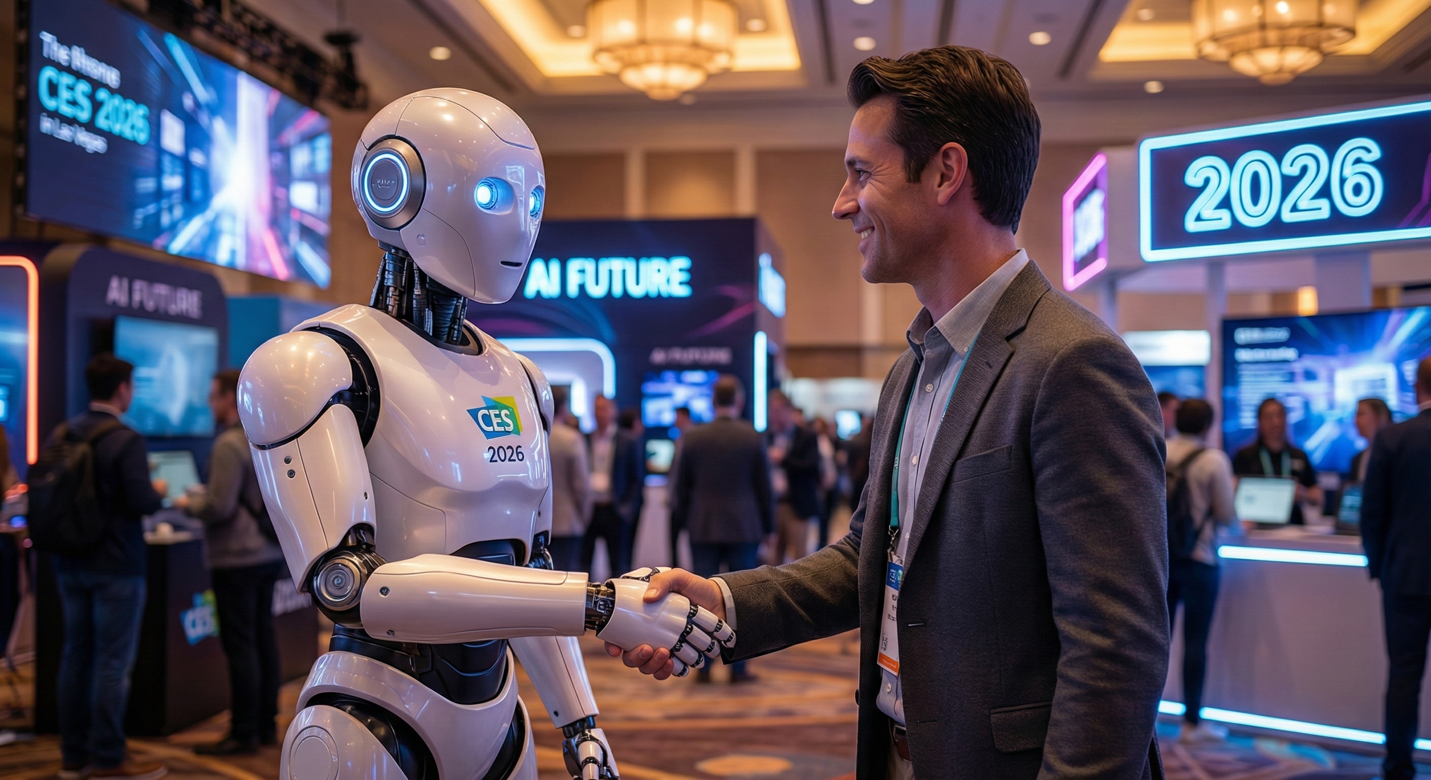 CES 2026 메인 전시관에서 다양한 AI 휴머노이드 로봇들이 관람객들과 상호작용하는 전경