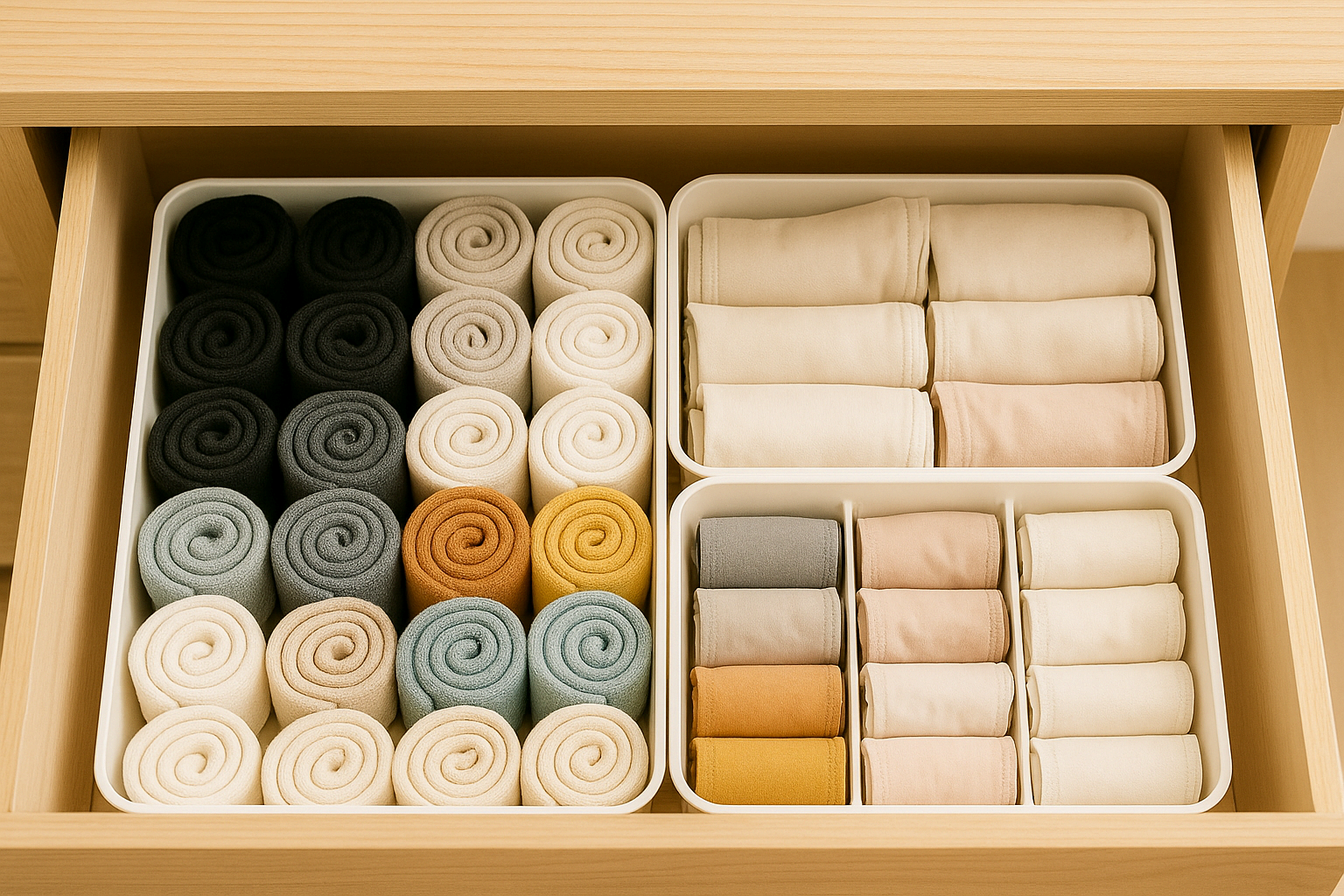 롤링 기법으로 압축 보관된 양말과 속옷