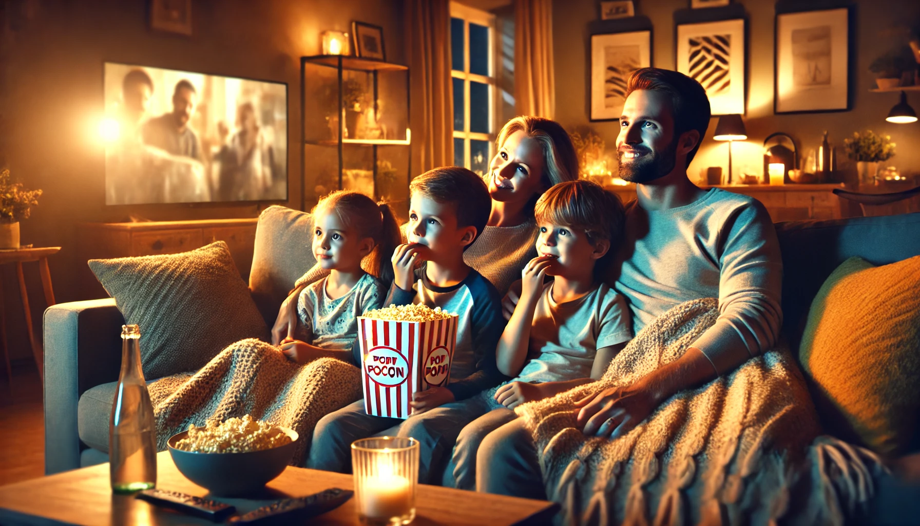 서양 가족들이 소파에 앉아서 팝콘을 먹으면서 영화를 보고 있는 사진