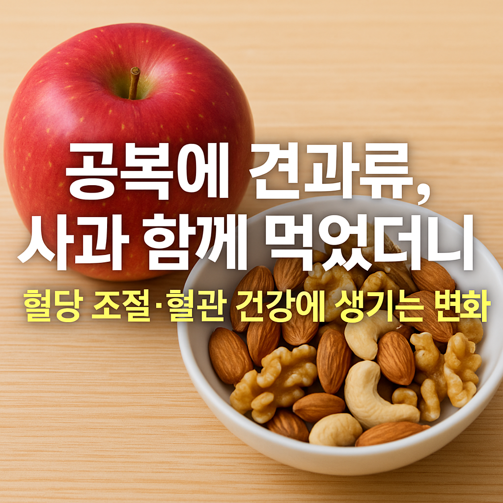 공복에 사과와 견과류를 함께 먹으며 혈당과 혈관 건강을 관리하는 건강한 식습관 이미지