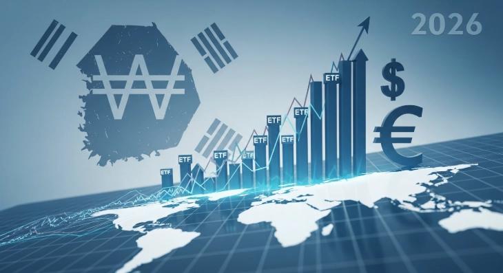 2026년 환율 변동성에 대비하는 해외 ETF 투자 전략을 나타내는 글로벌 경제 시각화 이미지.