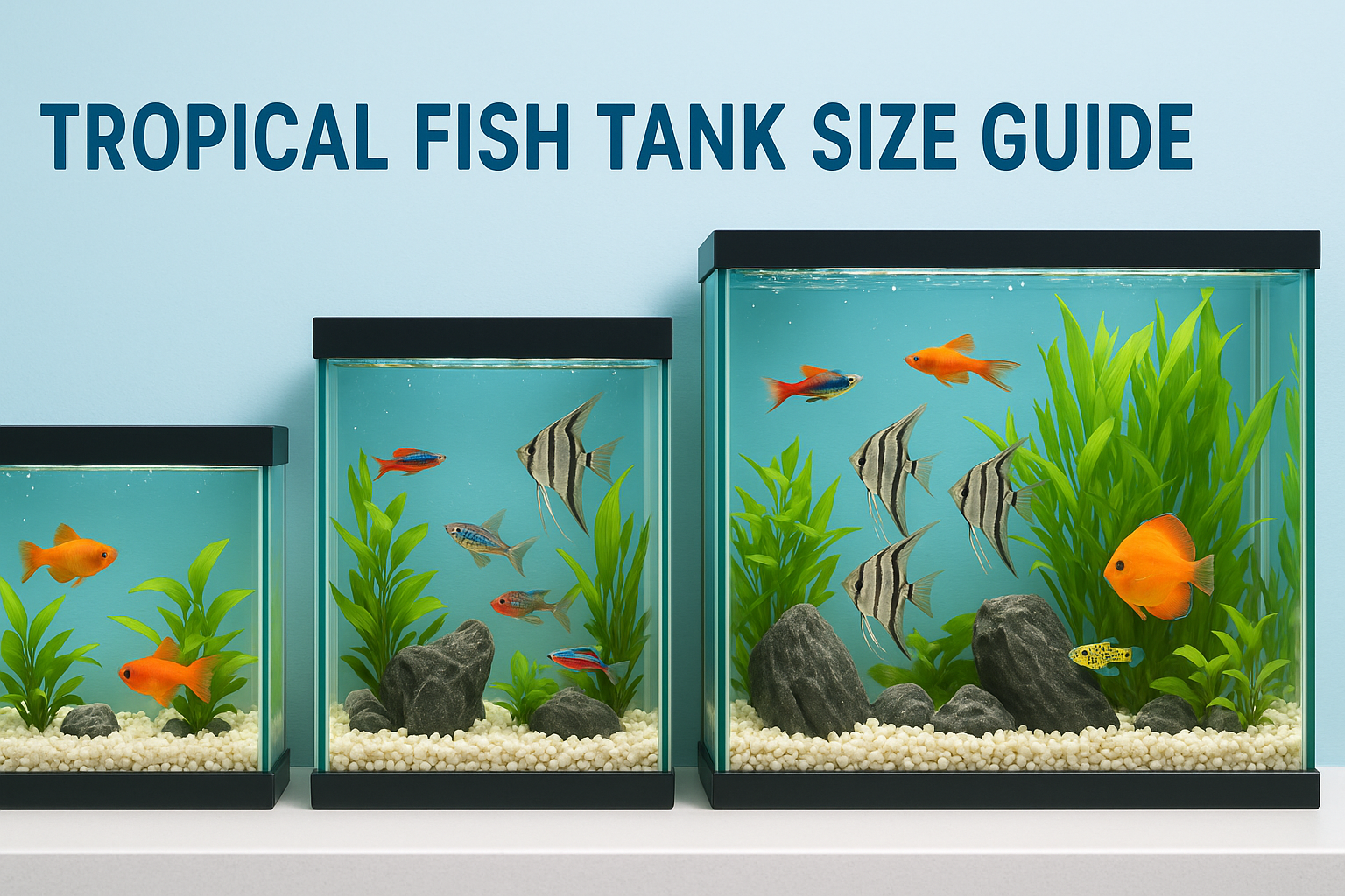 다양한 크기와 모양의 수조에 다양한 색상의 열대어가 헤엄치고 있는 모습. 각 수조 옆에는 추천되는 열대어 종류와 수조 크기가 표시되어 있음. 친환경적인 수초와 장식품이 함께 배치되어 있음.