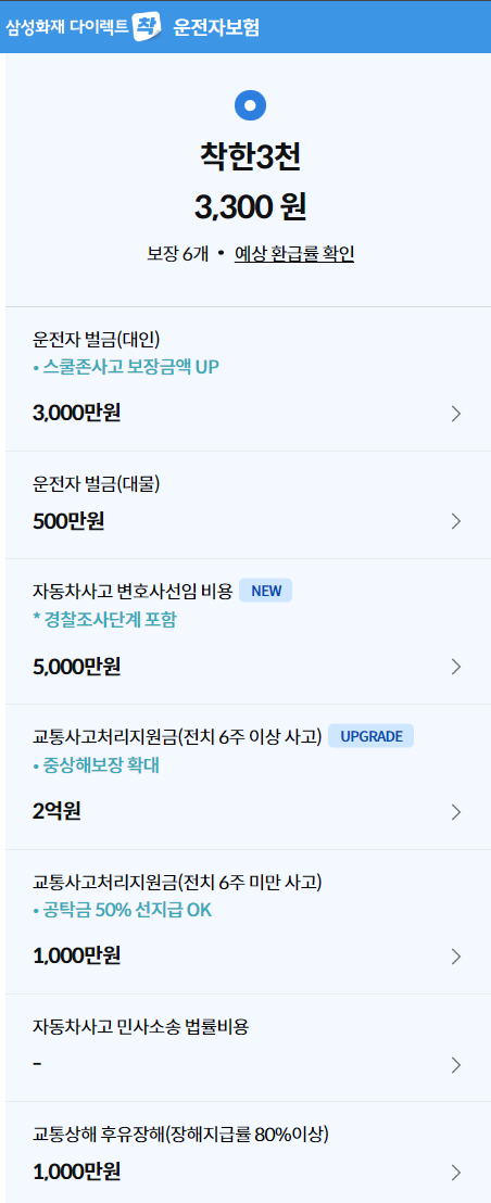 삼성화재 다이렉트 운전자보험 착한3천 보장내용