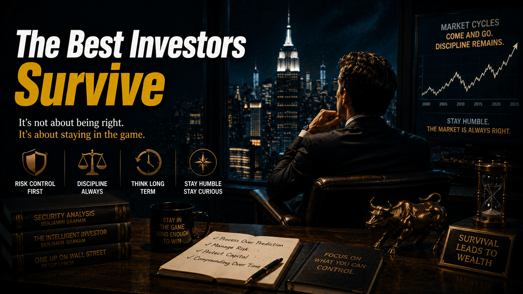 Investor overlooking the city skyline, symbolizing disciplined long-term investing, risk management, and sustainable wealth creation.