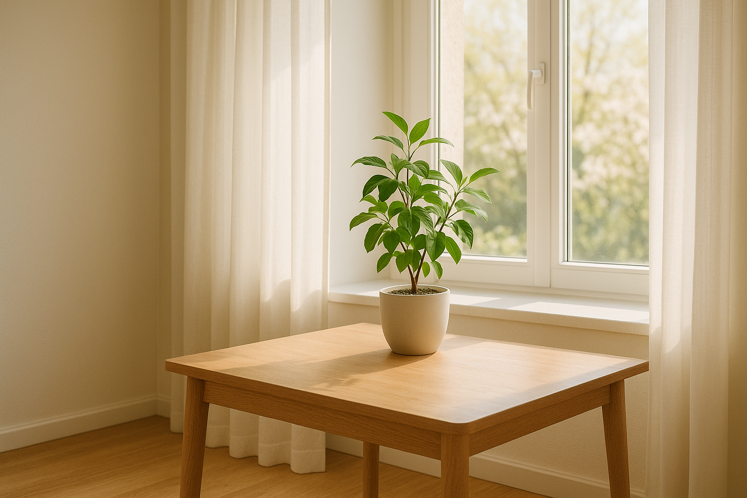 밝은 거실 창가에 초록 식물이 놓여 있고 햇살이 들어오는 봄 인테리어