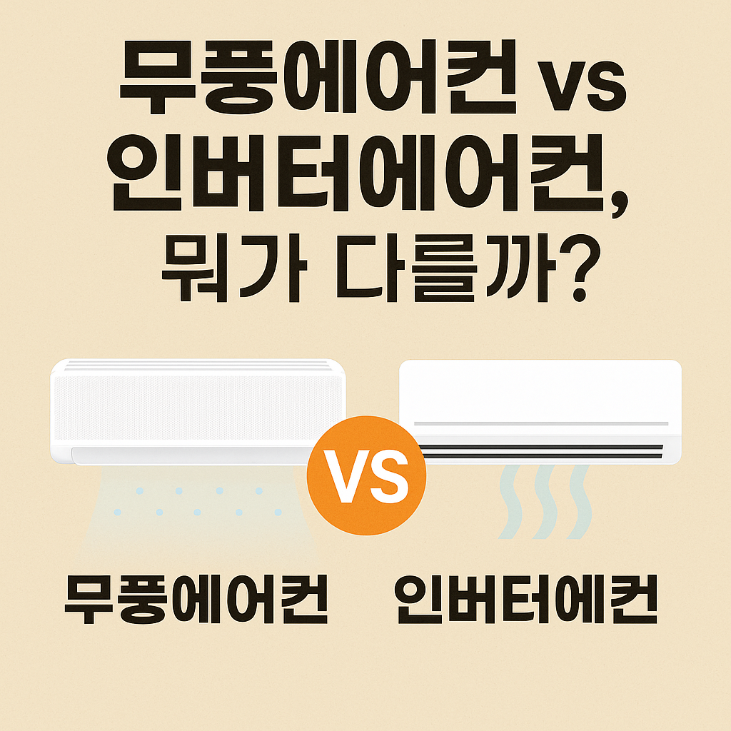 “무풍에어컨과 인버터에어컨 비교 인포그래픽 썸네일. 왼쪽에는 미세한 바람이 나오는 무풍에어컨, 오른쪽에는 찬바람이 나오는 인버터에어컨이 나란히 배치되어 있으며, 중앙에 ‘VS’ 아이콘이 강조되어 있음. 상단에는 ’무풍에어컨 vs 인버터에어컨, 뭐가 다를까?’라는 문구가 검은색으로 큼직하게 표시됨.”