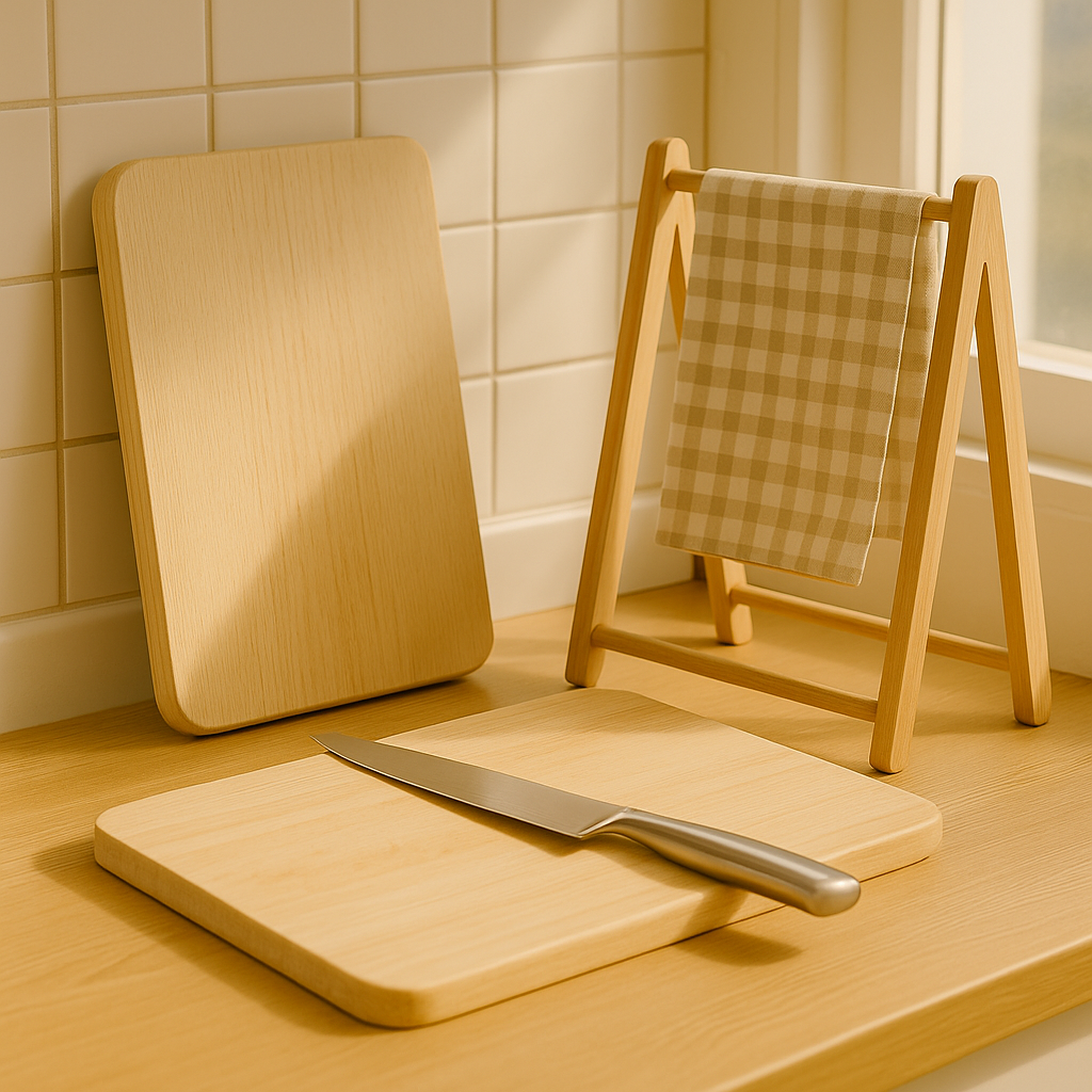 밝은 햇살이 비치는 창가에서 정돈된 도마, 칼, 그리고 행주가 놓여 있는 모습