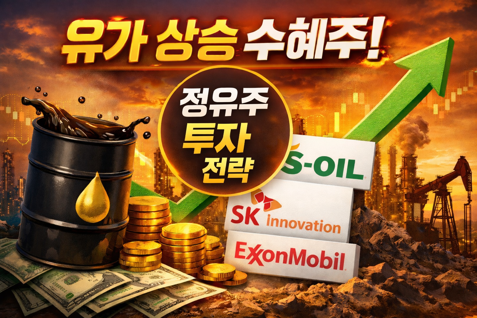 유가 상승 수혜주 정리 썸네일, 정유주 투자 전략과 S-Oil SK이노베이션 엑슨모빌 XLE 비교 설명 이미지