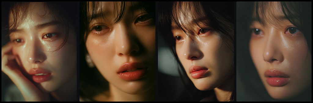 눈물을 참으며 입술을 깨무는 디테일한 묘사로 슬픔을 억제하는 감정을 표현한 시네마틱 클로즈업_Midjourney