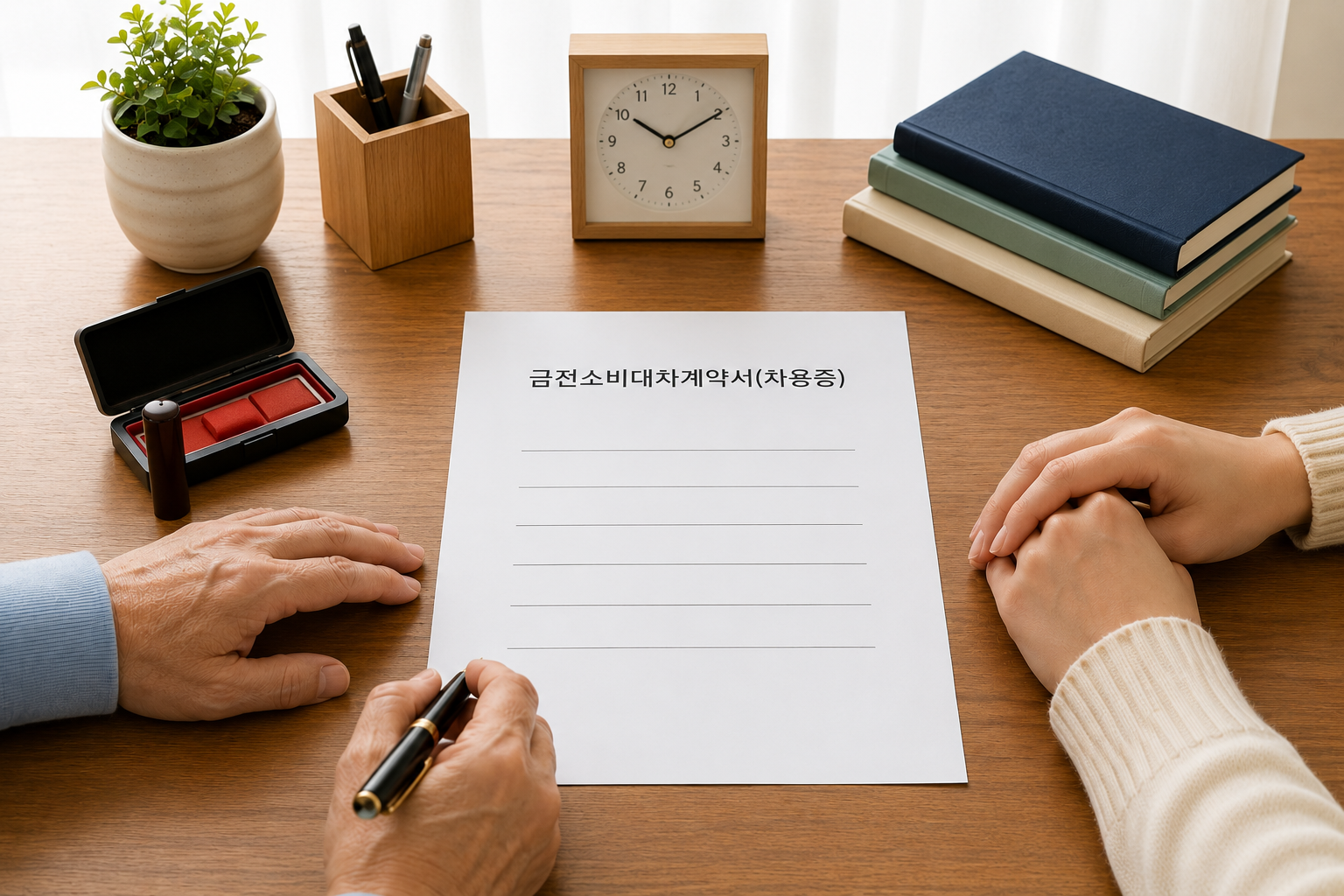 부모와 자녀가 가족 간 금전거래를 위한 차용증을 작성하는 모습