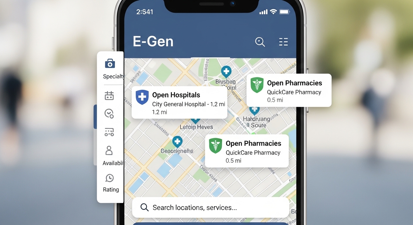 E-Gen 앱의 사용자 인터페이스 화면으로, 설날 연휴에 문을 연 주변 병원과 약국을 지도에서 쉽게 찾아볼 수 있도록 표시한 모습.