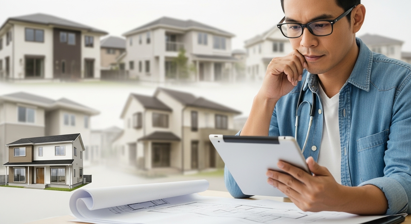 태블릿으로 부동산 매물 정보를 신중하게 검토하는 사람의 모습. 실거주 목적의 주택 구매자가 꼼꼼하게 정보를 비교 분석하며 내 집 마련의 꿈을 계획하는 모습을 상징한다.