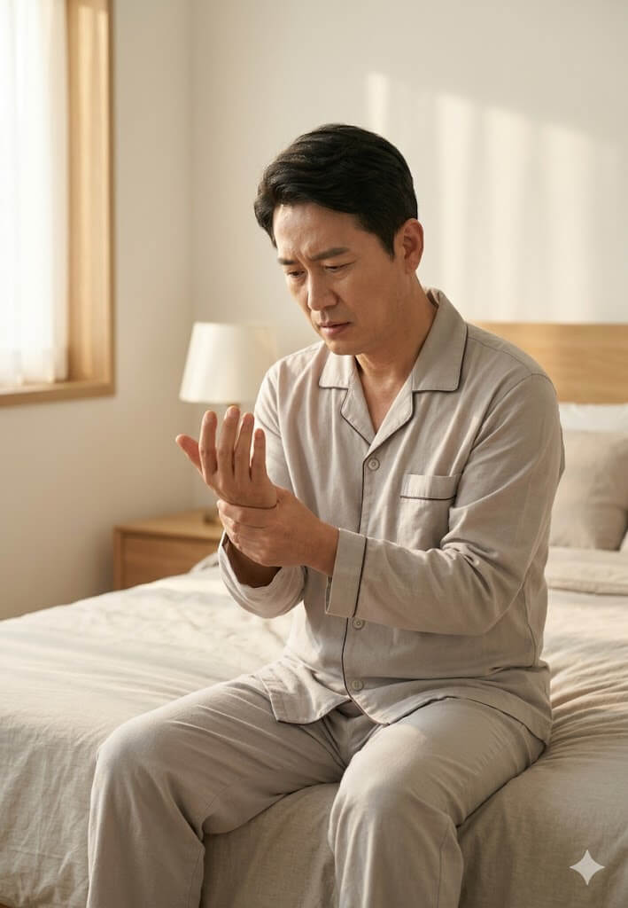 아침에 일어나 손가락 뻣뻣한 증상으로 손을 바라보고 있는 중년 남성