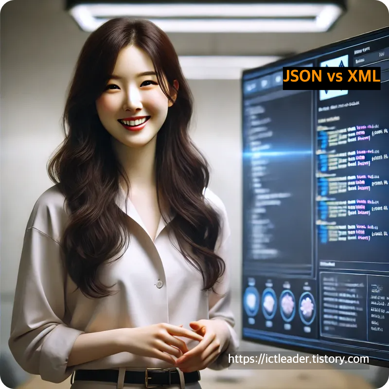 전자칠판 앞에서 설명하는 밝은 20대 한국인 여성 개발자