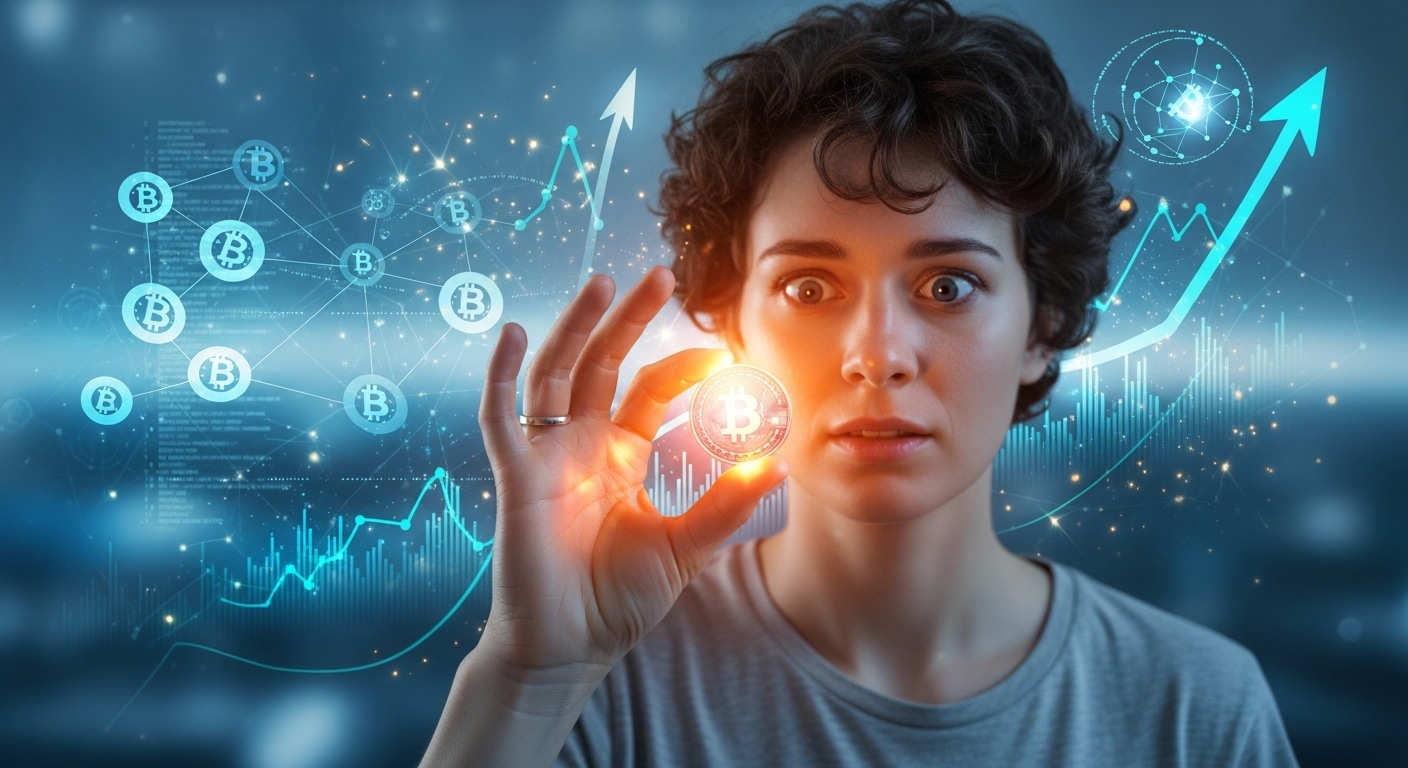 처음 코인 투자를 시작하는 사람이 작은 코인을 들고 신중하게 바라보는 모습. 뒤로는 디지털 그래프와 블록체인 상징이 보입니다.