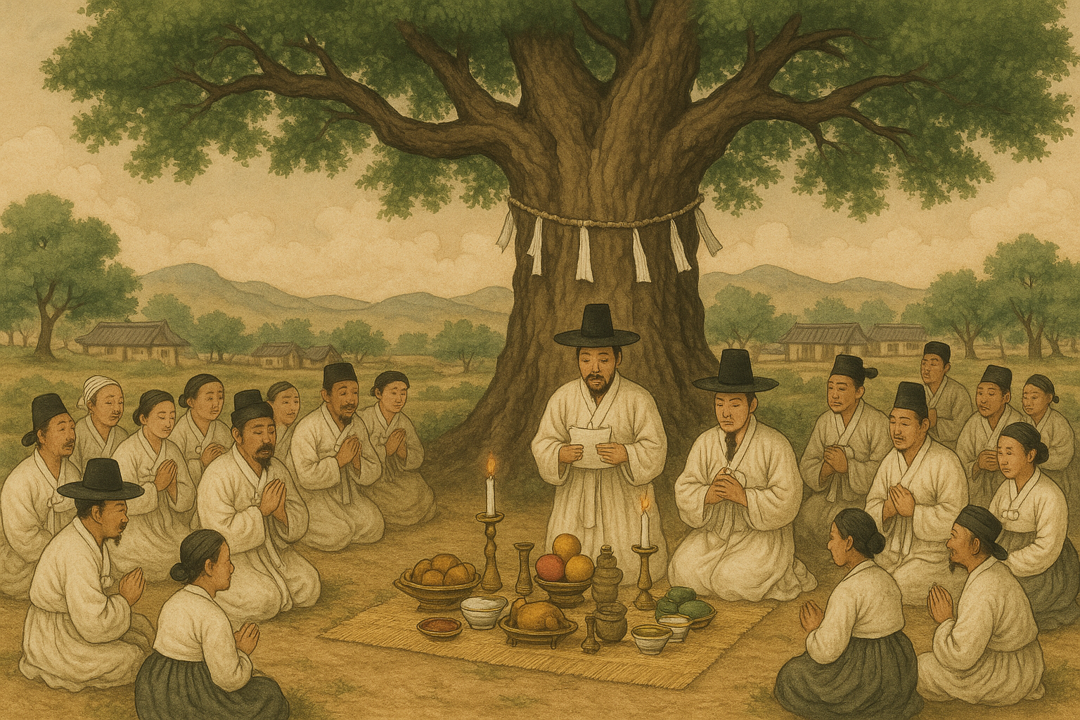 정월대보름 아침, 서낭당나무 아래에서 마을 사람들이 당산제를 지내며 공동체의 안녕을 기원하는 모습