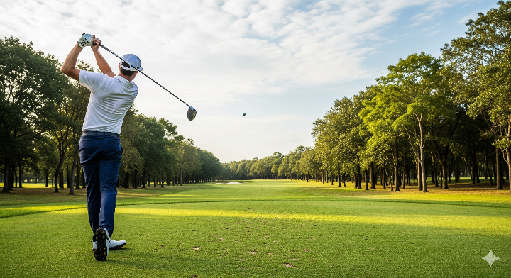 남자 선수가 멋진 드라이버 샷을 날리고 있다.