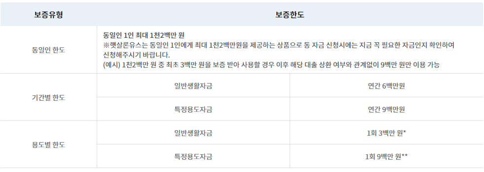 햇살론 보증 유형