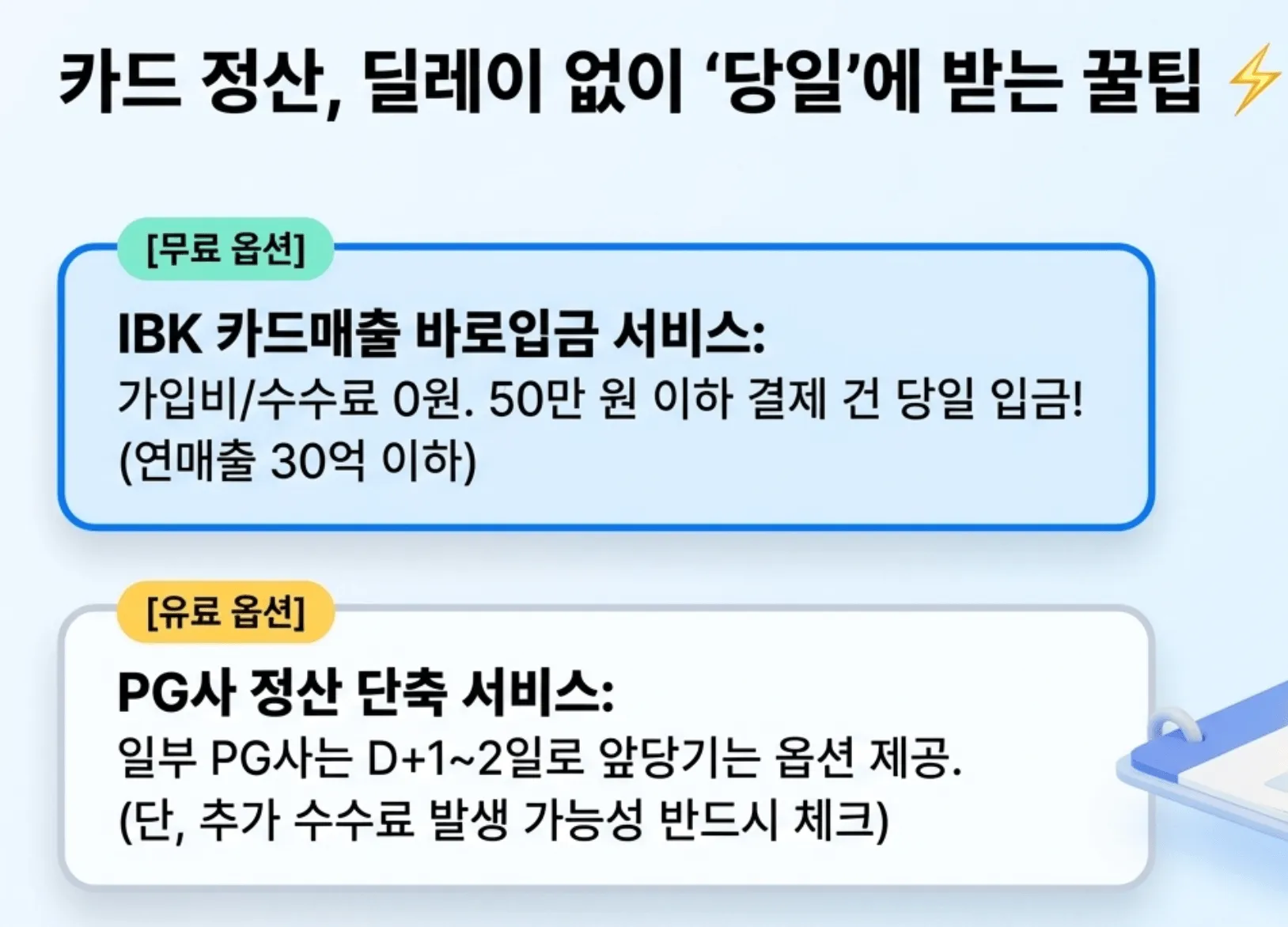 소상공인 카드수수료: 카드 정산을 당일에 받을 수 있는 두 가지 방법을 비교한 이미지. 무료 옵션으로 IBK기업은행 카드매출 바로입금 서비스는 가입비와 수수료 없이 50만 원 이하 결제 건을 당일 입금받을 수 있으며 유료 옵션으로 일부 PG사는 D+1~2일로 정산주기를 앞당기는 서비스를 제공하지만 추가 수수료가 발생할 수 있다는 정보를 전달하는 이미지