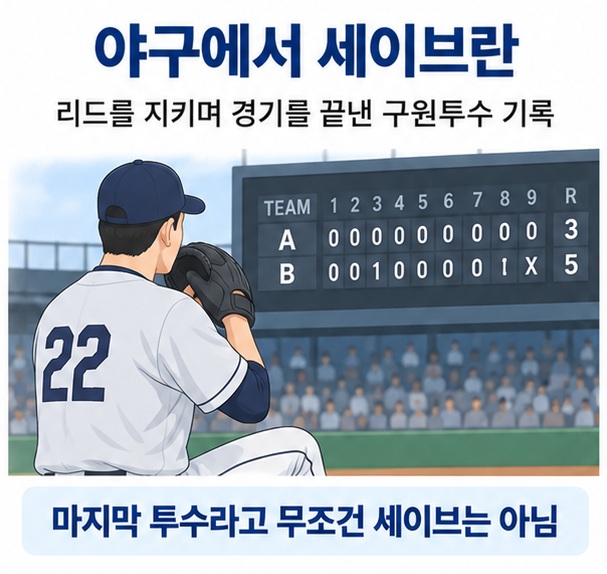 야구에서 세이브란이라는 제목과 9회 마운드의 마무리투수, 전광판의 근소한 점수 차를 함께 표현한 대표 이미지