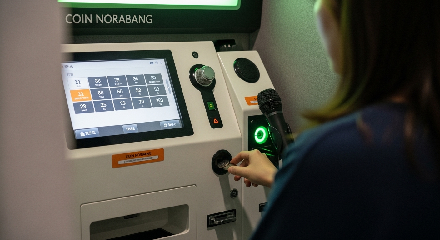 A cozy, modern Coin Noraebang booth with a user-friendly song selection machine and a microphone, perfect for solo or duo singing.