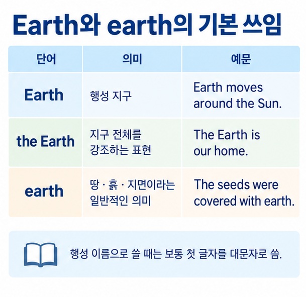 Earth와 the Earth earth의 행성 지구 땅 흙 의미와 영어 예문을 비교하는 이미지