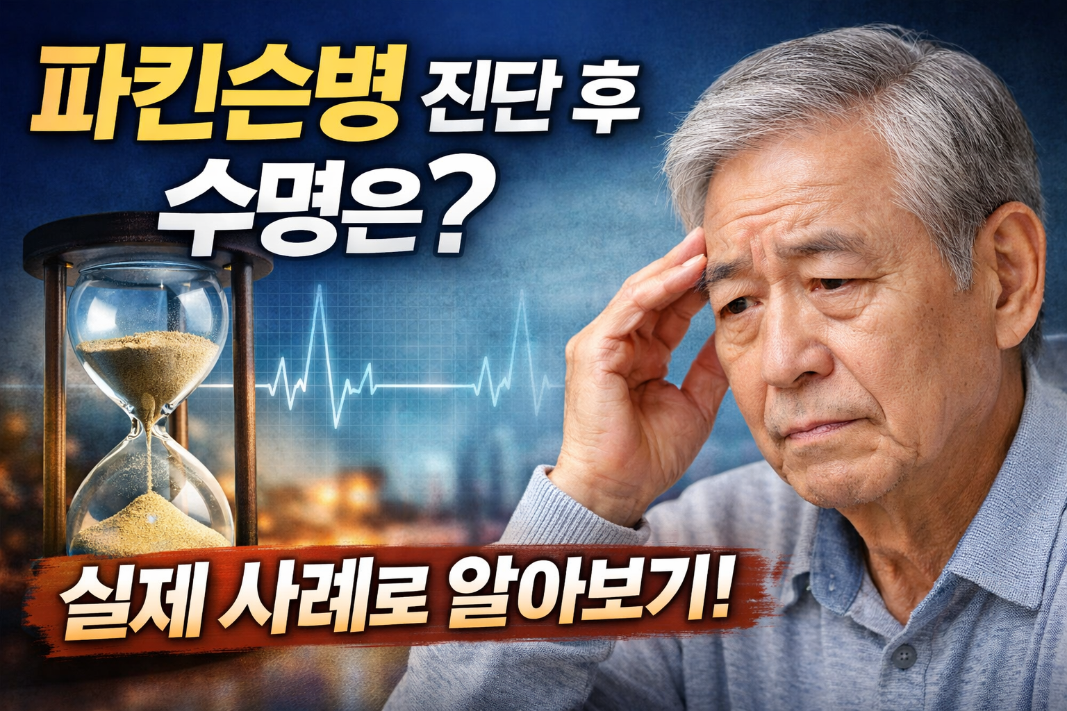 파킨슨병 진단 후 수명에 대해 고민하는 노인의 모습과 시간의 흐름을 상징하는 배경.