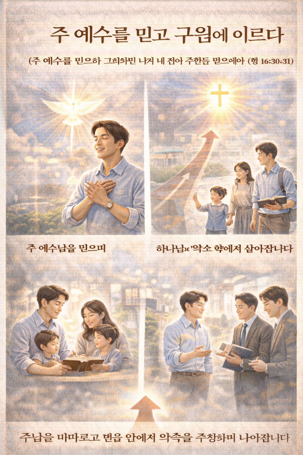 행 16:30-31 말씀을 보며&amp;#44; 제가 구원을 받을 수 있는 비결은 주 예수를 그리스도로 믿는 것입니다. 제가 그의 부활을 믿으며 그 말씀의 진리 안에서 살아가는 것&amp;#44; 이것이 바로 믿음의 본질입니다. 주여&amp;#44; 제가 주님의 믿음의 본질을 깨닫고 주 예수님을 믿는 믿음에서 자라가는 자가 되길 간절히 기도합니다. 오늘도 하나님의 약속을 믿으며 그 약속 안에서 살아가는 하루가 되길 기도합니다. 세상의 상황이나 여건이 아니라 하나님의 약속을 믿고 뚜벅뚜벅 나아가는 자가 되어야 하겠습니다. 아이들을 바라보며&amp;#44; 자매를 보며&amp;#44; 진행 준비하는 사업을 바라보며&amp;#44; 제 삶과 가정과 사역과 직장에 대한 하나님의 약속을 믿으며 그 약속을 바라보며 모든 것이 된다라는 절대긍정의&amp;#44; 성령께로부터 오는 확신을 가지고 말씀을 주장하며 주 예수를 믿으며 구원에 이르는 자가 되도록 계속 기도하고 전도하는 삶을 살아가는 모습입니다.