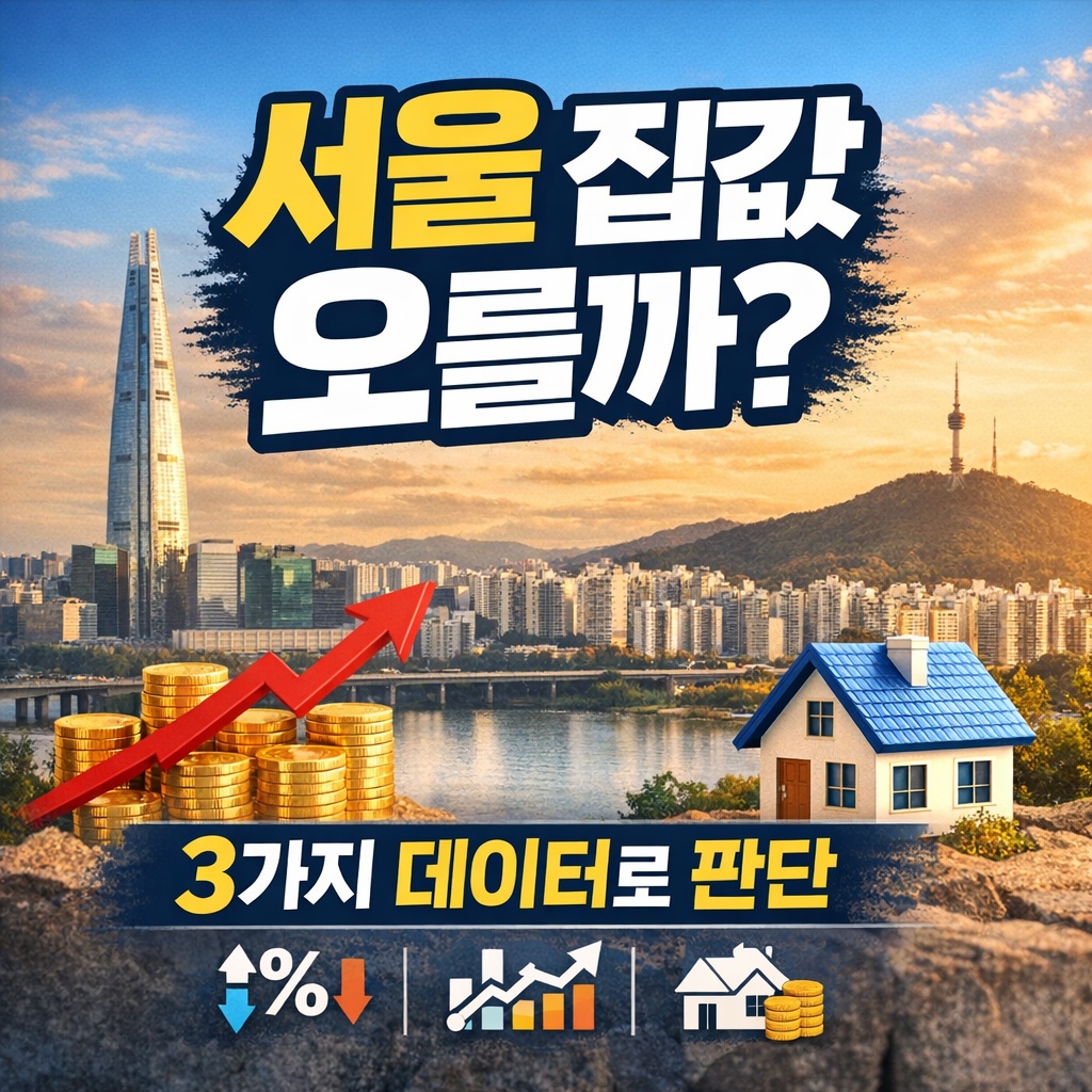 롯데월드타워와 남산타워가 보이는 서울 전경 위로 집값 예측 데이터가 결합된 썸네일