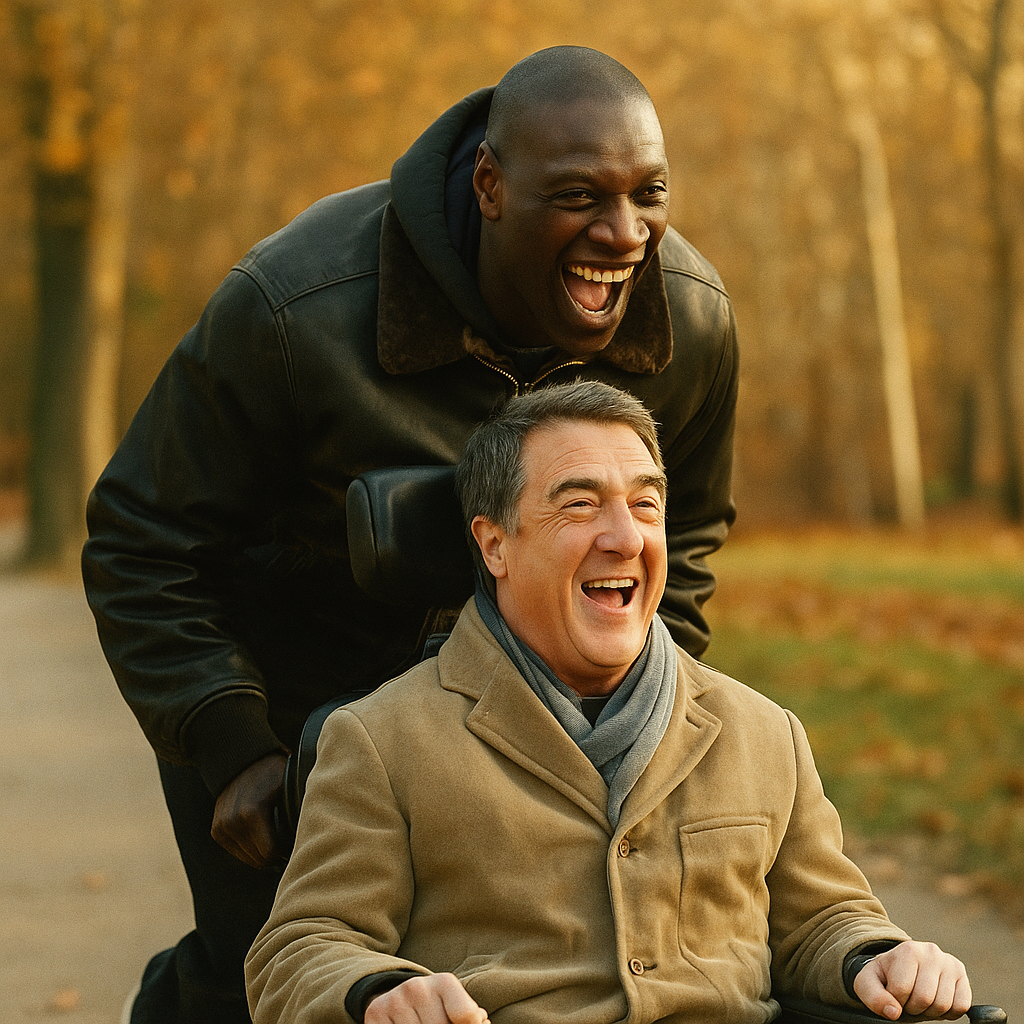 영화 언터처블 1%의 우정의 두 주인공인 드리스가 필립의 휠체어를 밀며 즐겁게 산책하는 장면