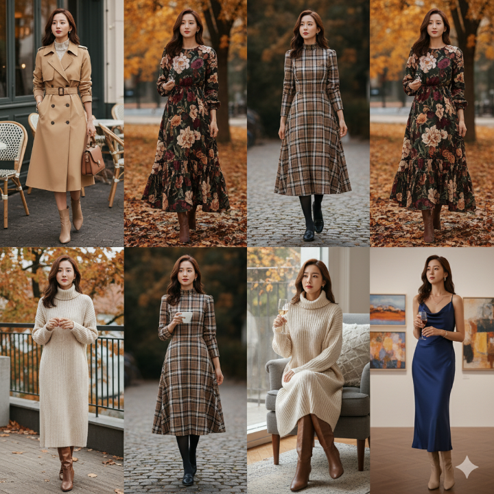 다양한 컬러와 패턴의 40대 가을 원피스