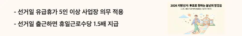 지방선거 투표 시간:'선거일 유급휴가 5인 이상 사업장 의무 적용'과 '선거일 출근하면 휴일근로수당 1.5배 지급'이라는 문구가 포함된 웹배너 이미지. 이 이미지는 선거일 유급휴일 적용 기준과 휴일근로수당 계산 방법을 시각적으로 전달하며, 블로그의 선거일 근로자 권리 안내와 관련된 내용을 설명함