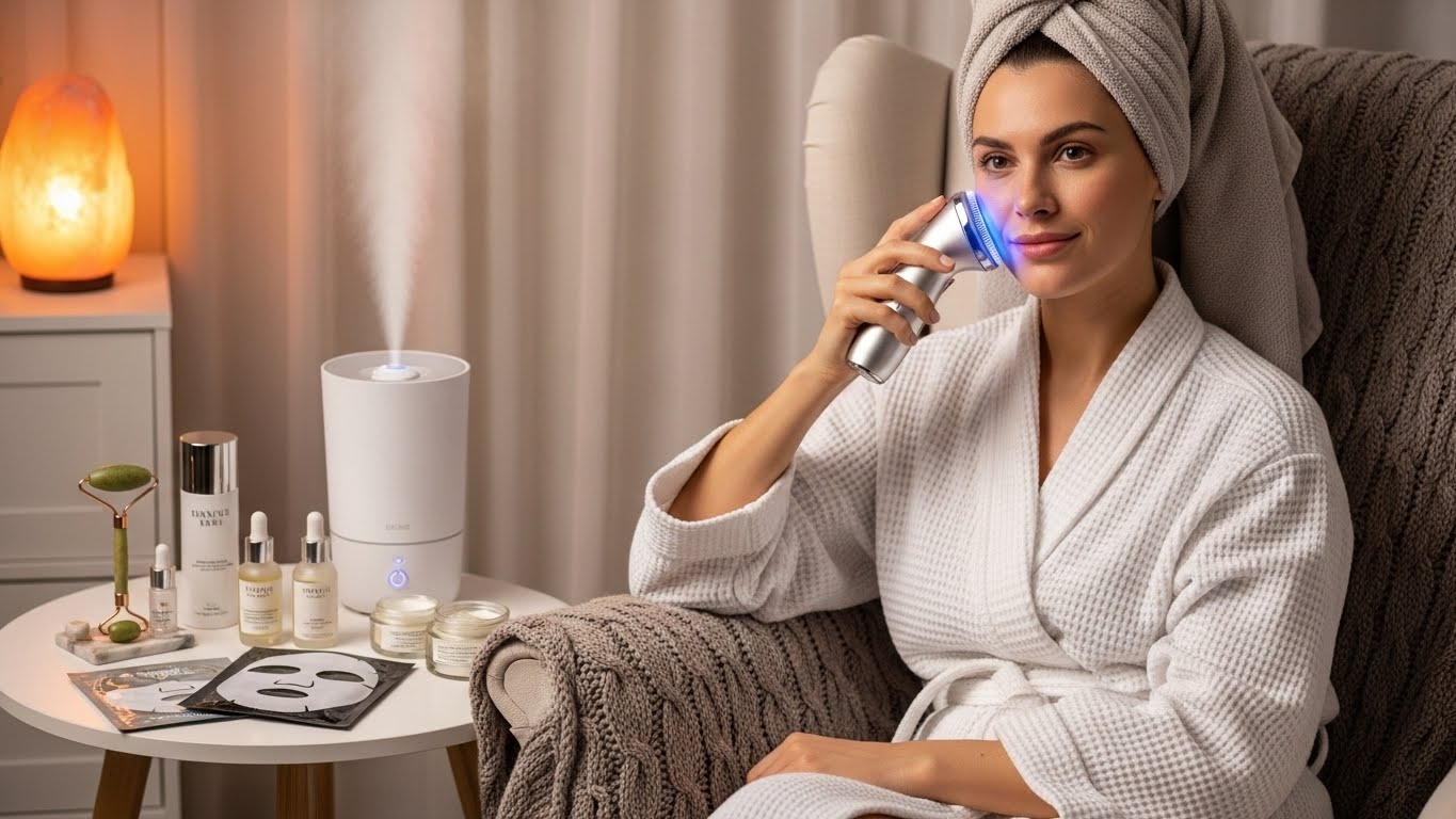 따뜻한 집에서 현대적인 스킨케어 기기와 제품들을 사용하여 겨울철 홈케어 루틴을 즐기는 사람의 모습
