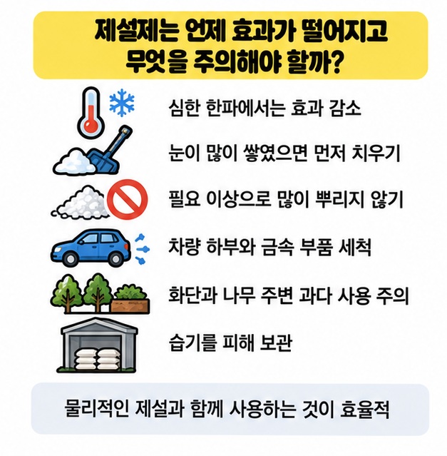 제설제 사용 시 저온 한계와 차량 부식, 식물 피해 주의사항 이미지