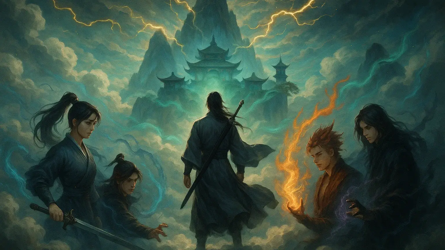 회귀수선전 표지 이미지와 주요 캐릭터들이 등장하는 웅장한 선협 세계관을 보여주는 일러스트