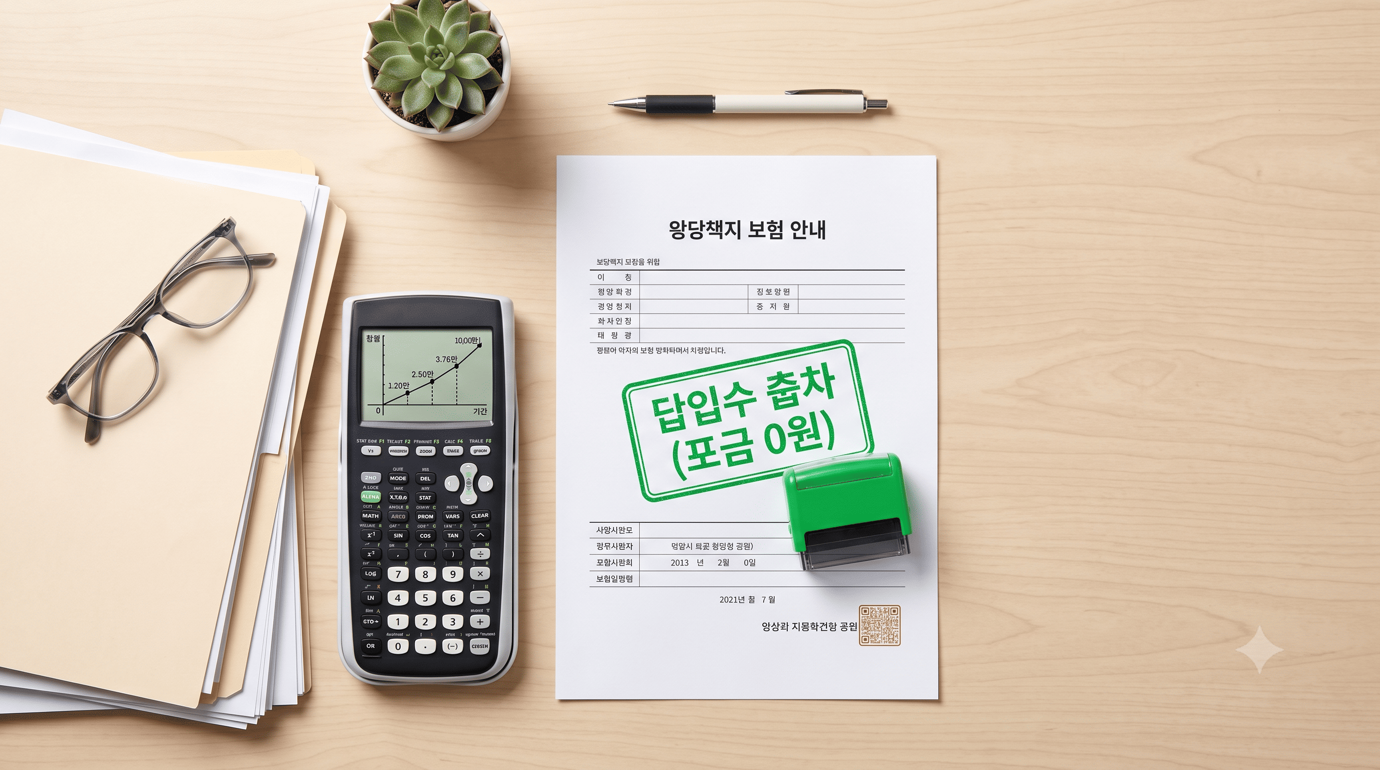 보험 서류에 감액완납(보험료 0원) 도장이 찍히고 계산기에 환급금이 오르는 모습, 감액완납제도 상징