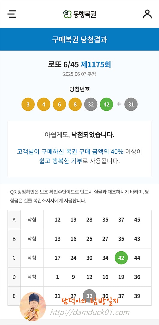 로또 6/45 제1175회 결과