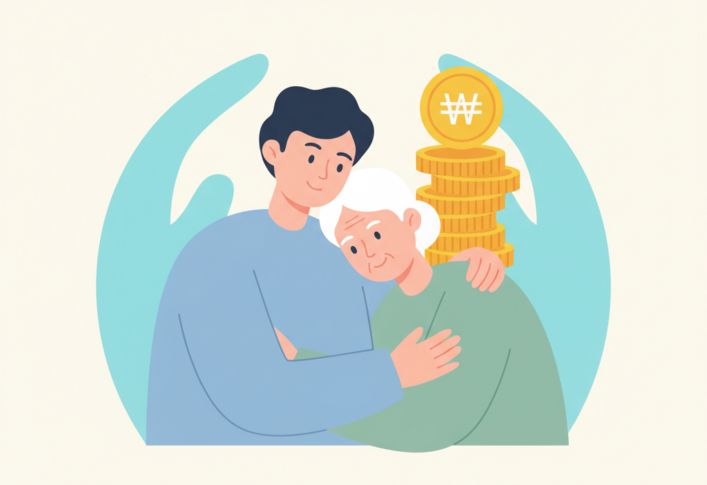 젊은이가 나이 든 가족 구성원을 돌보고 있는 모습과 재정 지원을 상징하는 아이콘이 있는 미니멀리스트 디자인