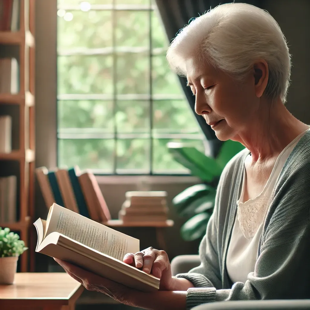 편안한 집에서 책을 읽으며 두뇌를 활성화하고 치매를 예방하는 데 집중하는 노인&amp;#44; 조용하고 밝은 방에서 독서를 통해 정신적 자극을 촉진하는 장면