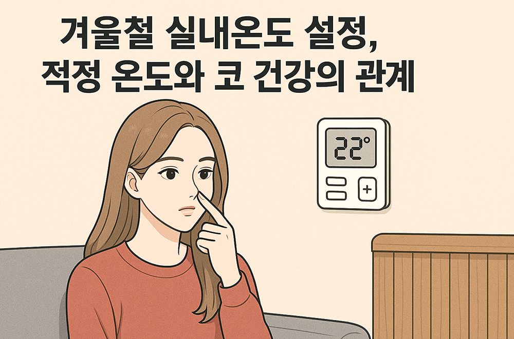 겨울 실내에서 여성이 코를 가리키며 적정온도에서 휴식을 취하고 있는 이미지 입니다.