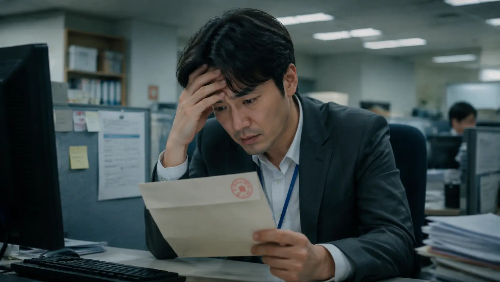 한국의 사무실 책상에 앉아 급여 가압류 통지서 모양의 우편물을 들고 심각하게 절망하는 30대 남성 직장인
